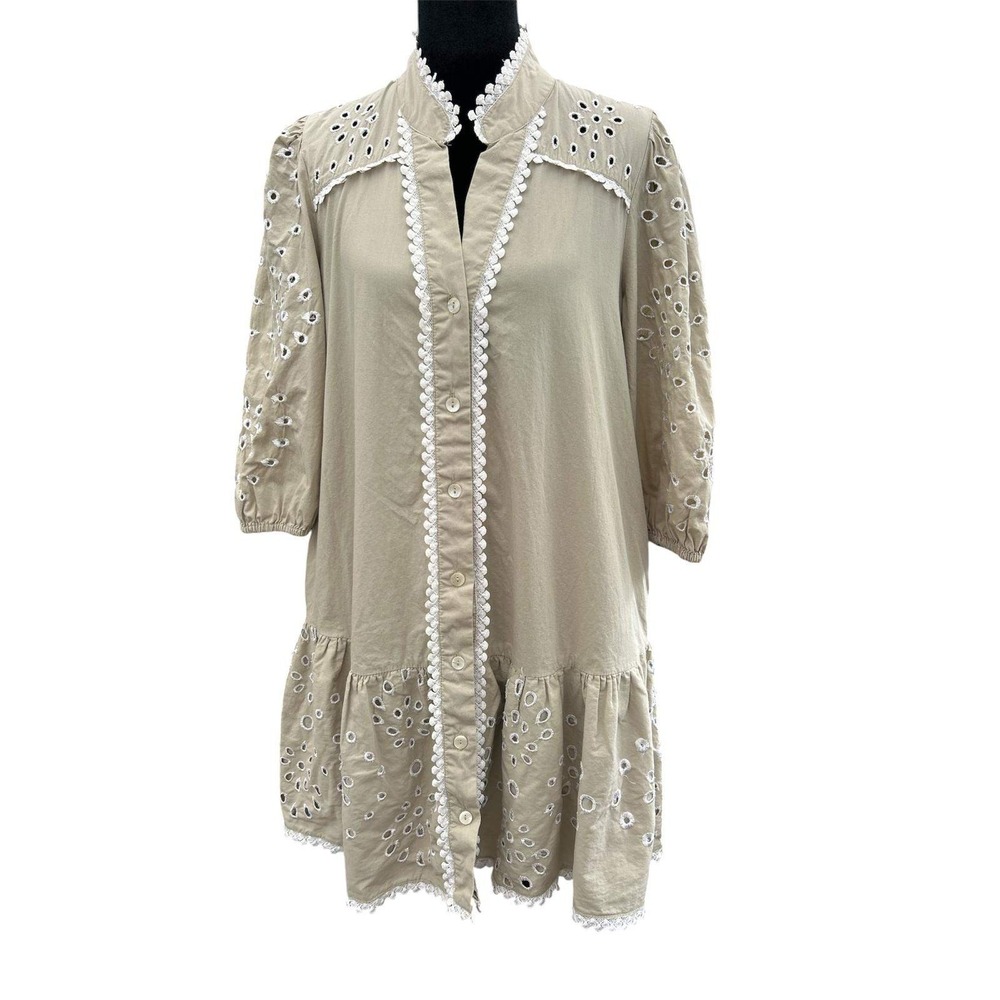 Christian Lacroix Khaki Cotton Eyelet Lace Trim Mini Dress Tan Small Boho Tiered